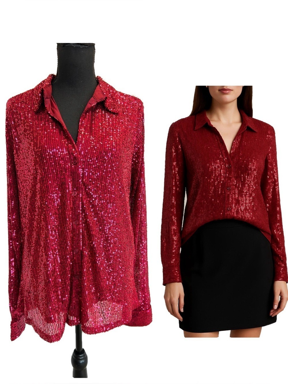 Women's Red Sequin Button-Down Shirt